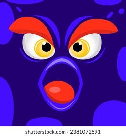 Funny monster face, emotions cartoon halloween monstrosity face. Cute monster face with a square head. Halloween card design with fantastic creature. Monster cover design for notebooks, planners