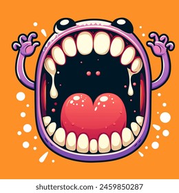 Funny monster face expression with mouth closeup, teeth and tongue. Monster mouth with tongue. Monster square avatar. Funny facial expression alien character cartoon. Cute monster orange background