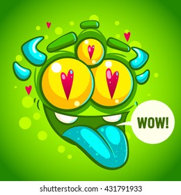 Funny monster face with hearts in the eyes.