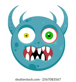 Funny monster face with horns. Cute alien creature expression for Halloween design. Vector illustration isolated on white background.