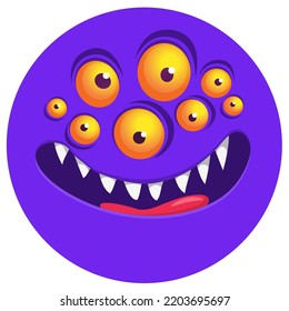 Funny monster face with many eyes. Illustration of cute and happy alien creature expression. Halloween design. Great for party decoration or package design