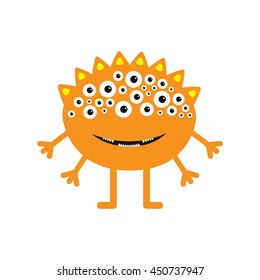 Funny monster with fang tooth and horns. Cute cartoon character. Orange color. Baby collection. Isolated. Happy Halloween card. Flat design. White background. Vector illustration.