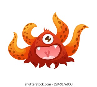 Funny Monster with Fangs and Tentacles Having Open Mouth Vector Illustration