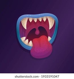 Funny monster or fantasy animal toothy mouth in bright colors, flat cartoon vector illustration isolated on purple background. Mouth of screaming monster or beast.