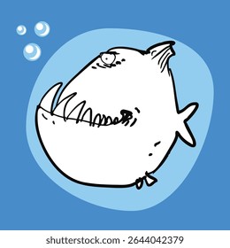 Funny monster fish with big pointy teeth, cartoon style vector illustration