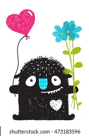 Funny Monster with Flowers and Heart Balloon Cartoon for Kids. Happy funny childish little monster congratulates. Vector drawing.