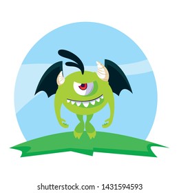 funny monster flying with wings in the field