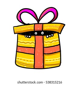 Funny monster in gift box - surprise delivery vector illustration. Yellow present box with orange ribbon bow - something with white eyes inside. Retro cartoon character, cute and funny.