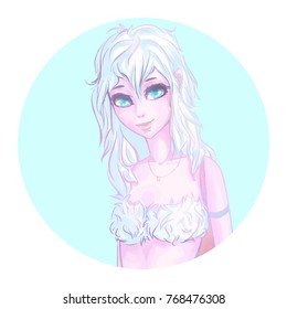 Funny monster girl. Cartoon character. Yeti girl. Illustration of a cute yeti. Art creation. Web icon. Print for polygraphy, posters and textiles