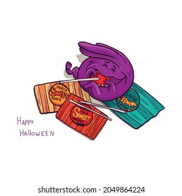 A funny monster for Halloween. hand drawn vector illustration for design postcard, monster poster, halloween party or celebration, textile print