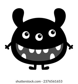 Un monstruo gracioso. Feliz Halloween. Cabeza de cara sonriente, con orejas, colmillos. Monstruos de silueta negra. Caricatura kawaii graciosos niños boo personaje de bebé. Diseño plano. Diseño de camisetas. Fondo blanco. Vector