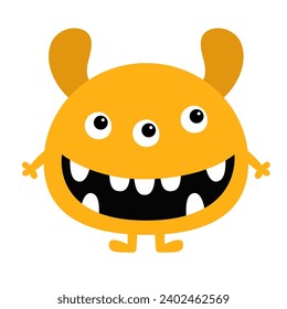 Un monstruo gracioso. Feliz Halloween. Cabeza de cara sonriente, con orejas, colmillos. Monstruos de silueta naranja. Caricatura kawaii graciosos niños personaje de boo. Diseño de camisetas para bebés. Fondo blanco. Diseño plano. Vector