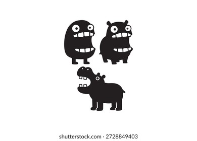 Funny Monster And Hippo Characters - Silly Cartoon Creature Silhouettes