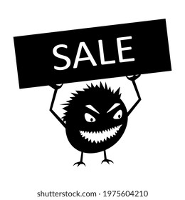 Funny monster is holding sale sign  Evil little creature for campaigning in online stores  Isolated vector 