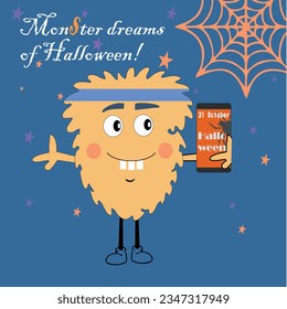 Funny Monster holds a mobile phone and dreams about Halloween. Vector.