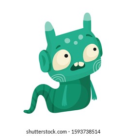 Funny Monster with Horns Creeping on the Ground Vector Illustration