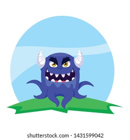 funny monster with horns in the field