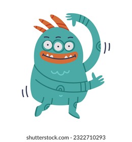 Funny Monster with Horns and Toothy Mouth Standing Vector Illustration