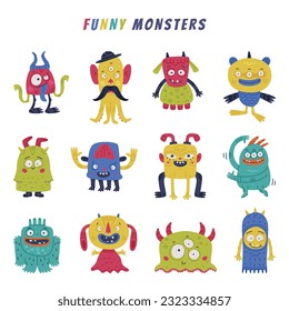 Funny Monster with Horns and Toothy Mouth Vector Set