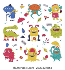 Funny Monster with Horns and Toothy Mouth Vector Set