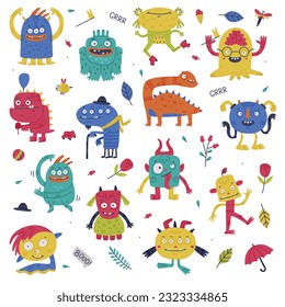 Funny Monster with Horns and Toothy Mouth Vector Set