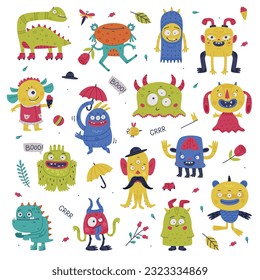 Funny Monster with Horns and Toothy Mouth Vector Set