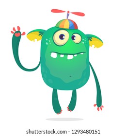 Funny monster kid wearing hat with propeller. Vecto illustration