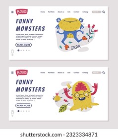Funny Monster Landing Page with Amusing Beast Wearing Glasses and Riding Roller Skates Vector Template