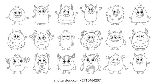Divertidos personajes de arte de línea de monstruo para niños para colorear criaturas de dibujos animados imprimibles. 