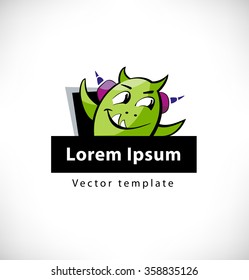 Funny monster logo vector. Isolated icon, logotype consept with sign and text frame for computer games, forums, web sites