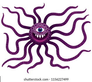 Funny monster with long tentacles. Cyclops mutant with teeth. Purple octopus alien. Character for Halloween. Isolated image. Vector illustration.