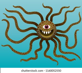 Funny monster with long tentacles in water. Cyclops mutant with teeth. Purple octopus alien. Character for Halloween. Vector illustration.