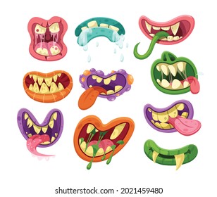 Funny monster mouth set with different expressions. Horrible character with teeth, lips, drooling, sticking out tongue. Monstrous emotions, facial scary horror expressions for Halloween cartoon vector