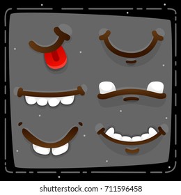 Funny monster mouths, cartoon expression, open mouths with teeth, tongue, vector, set, collection, pack.