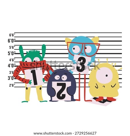 Funny monster mugshot characters in lineup. Cute aliens holding identification boards 1 2 and 3 in front of height chart. Playful creature design for nursery art and children stories.