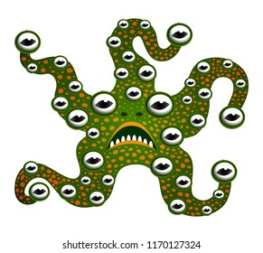 Funny monster mutant starfish with teeth and a lot of eyes Green alien cartoon character for Halloween. Isolated object on white background. Vector illustration.