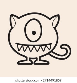 Funny Monster with one eye, big tail, mouth with smile and teeth ready for halloween and spooky events vector line art