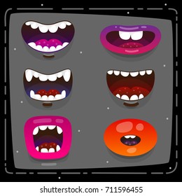 Funny monster open mouths, cartoon expression, open mouths with teeth, tongue, vector, set, collection, pack.