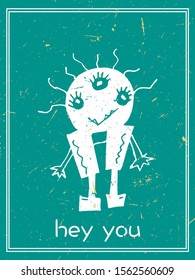 Funny monster postcard vector illustration. Cute hand drawn doodle cards, postcards, posters with cartoon creatures for kids, baby shower, birthday
