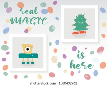 Funny monster postcard vector illustration. Cute doodle cards, postcards, posters with cartoon creatures for kids, baby shower, birthday
