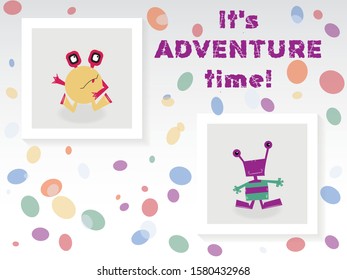 Funny monster postcard vector illustration. Cute doodle cards, postcards, posters with cartoon creatures for kids, baby shower, birthday