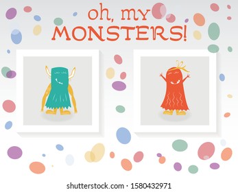 Funny monster postcard vector illustration. Cute doodle cards, postcards, posters with cartoon creatures for kids, baby shower, birthday