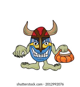 Funny monster with a pumpkin bag . Cute cartoon kawaii scary funny children's character. White background. Flat design. Vector