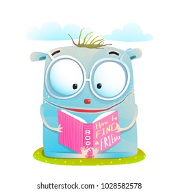 Funny Monster Reading Book. Cute little creature reading studying. Vector illustration.