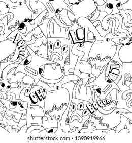 Funny monster repeats print. Cartoon horror mutant character. 