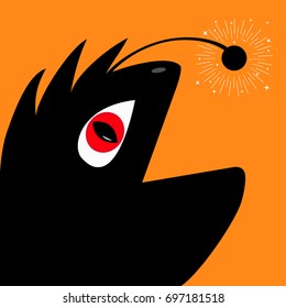 Funny monster reptile head silhouette with red devil eye. Sunburst Shining circle. Cute cartoon character. Black color. Baby collection. Happy Halloween card. Flat design. Orange background. Vector