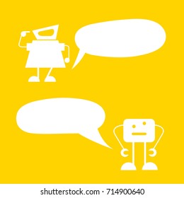 funny monster and robot with speech bubble on yellow background