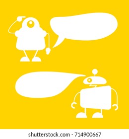 funny monster and robot with speech bubble on yellow background