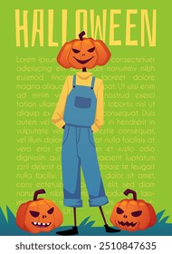 Funny monster scarecrow design for Halloween. Vector illustration of a creepy pumpkin-headed character in a jumpsuit, ready for the October holidays.