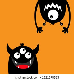 Funny monster set. Face head black silhouette. Eyes teeth fang tongue hands. Hanging upside down. Cute cartoon kawaii character. Baby collection. Happy Halloween. Flat design. Orange background Vector